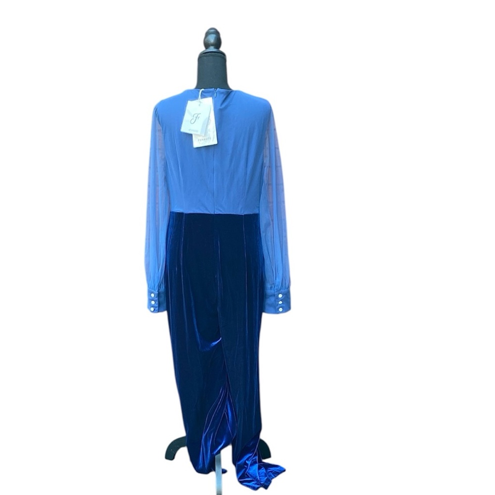 NWT Fehaute Royal Blue Mesh V Neck Long Sleeve Velvet Jumpsuit 10 - Picture 4 of 14
